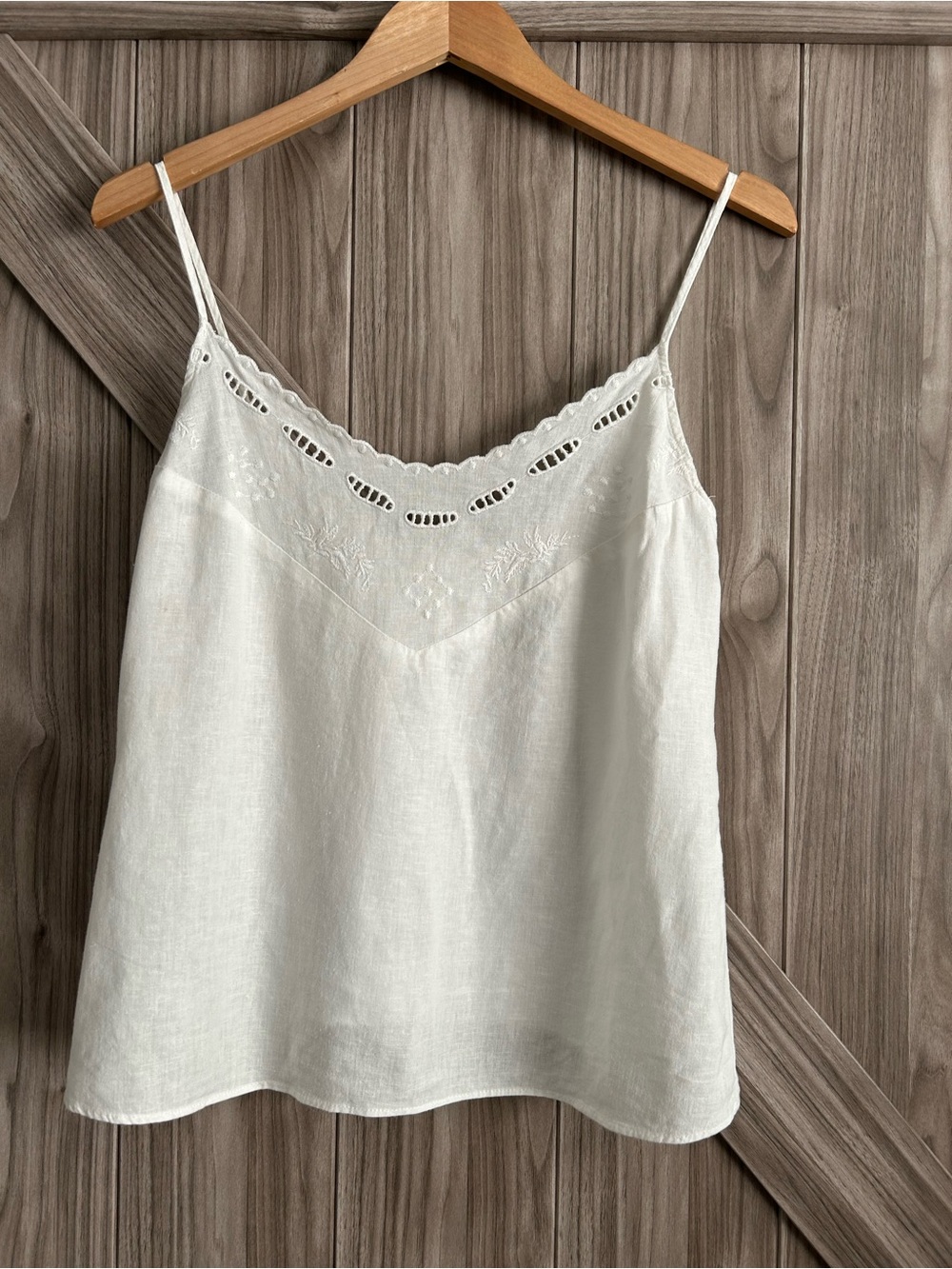 Mango White 100% Linen Embroidered Lace Trim Cami Top - Size Small